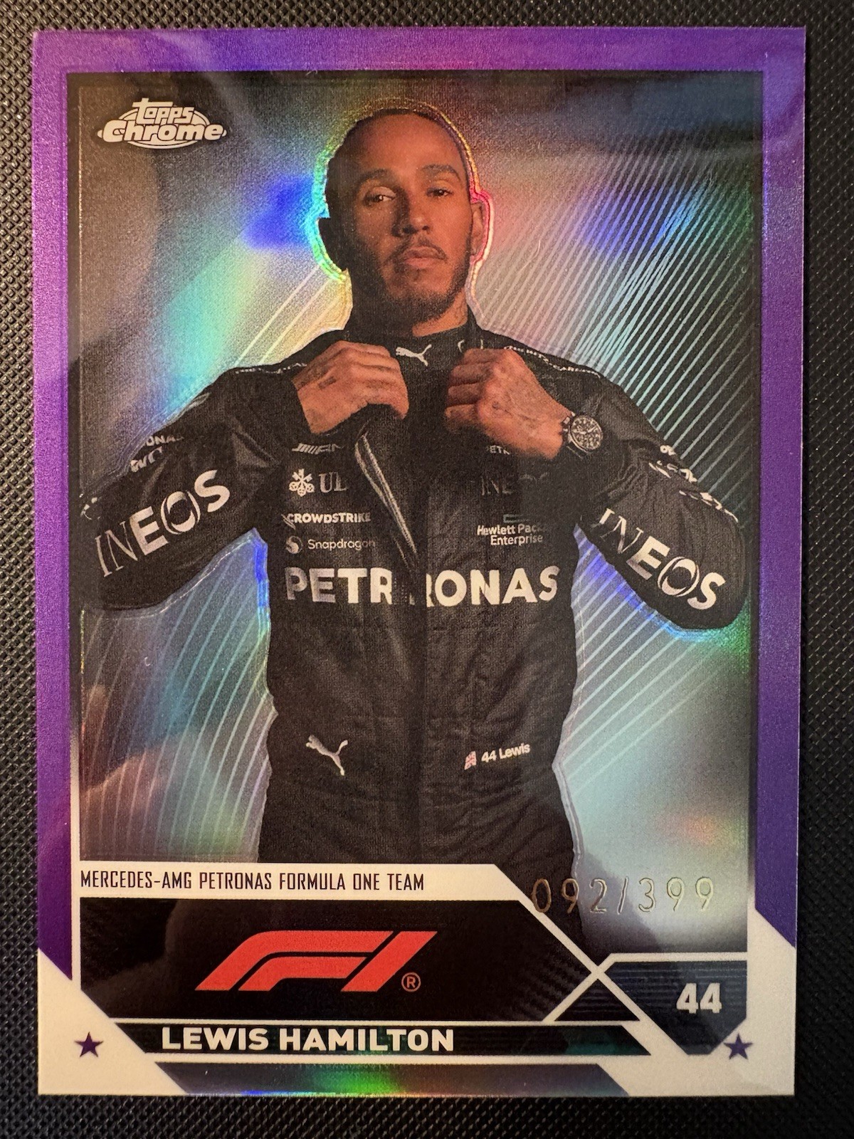 Lewis Hamilton 2023 Topps Chrome F1 #21 PURPLE REFRACTOR #92/399! GOAT DRIVER!
