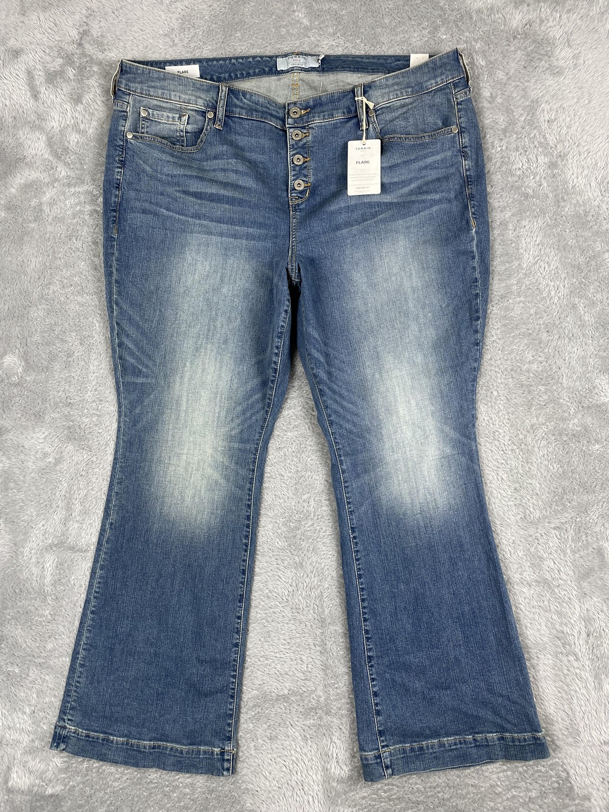 Torrid Flare Jeans Womens 22 Short Medium Wash Mid Rise Button Fly Stretch Denim