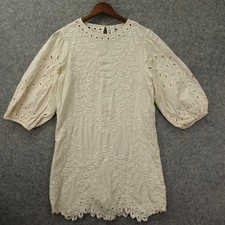 MNG Linen Dress Womens XS 2 Cream MANGO Shift Eyelet Embroidered Mini Summer