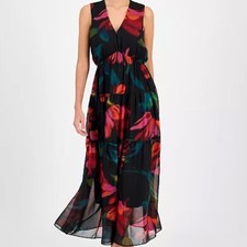 NWT Robbie Bee Women’s Floral Boho Tiered Maxi Dress v neck tiered 4 black berry