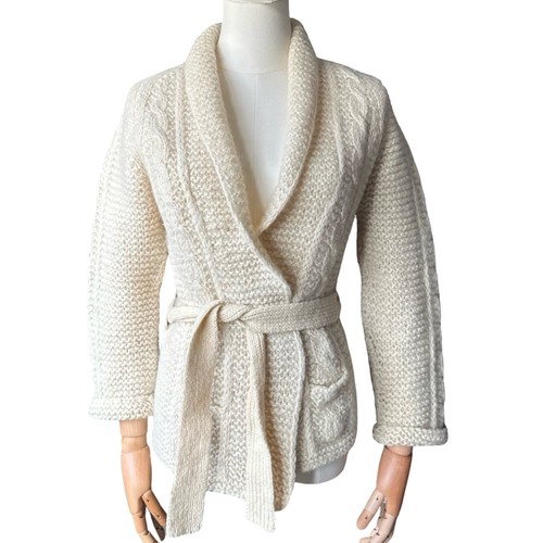 1970's Vintage Wool Hand Knitted Aran & Cable Belted Cardigan - Picture 3 of 9