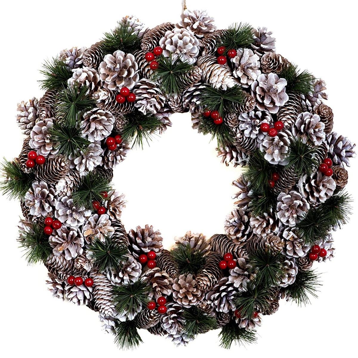GreenBrokers Christmas Hanging Wreath 48cm Pine Cones Berries Subtle Frosting