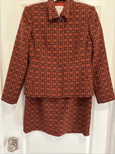 Oscar de la Renta Wool Skirt Suit Size 6 Greek Geometric Print Multicolor Preown