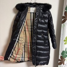 Burberry Girls Black Down Coat Fur Trim Hood Belted 140cm Long Winter Check