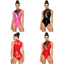 Mujeres Mono Club Body Sin Mangas Leotardo Malla Cuero Club Nocturno Patente