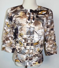Coldwater Creek Jacket Sz 10 Brown Floral Cinched 3/4 Sleeve Zip Front Blazer