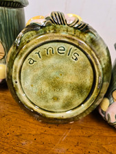 Vintage Rustic Green/Beige Mushroom Ceramic Kitchen Canister Set w/ Lids 4pc