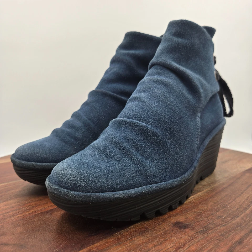 Botas Fly London Yama para mujer 38/7,5 azul gamuza plataforma tacos cuña botines Foto 4 de 4