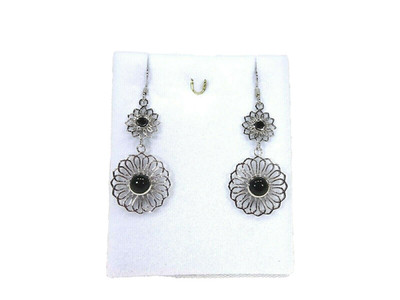 2.26 ct Natural Black Onyx & Spinel Sterling Silver Flower Fishhook Earrings 