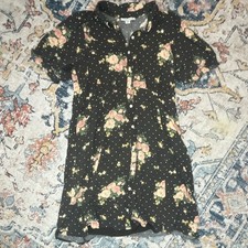 American Eagle Med Black Floral Viscose Shirt Dress Collared Button Front Lined