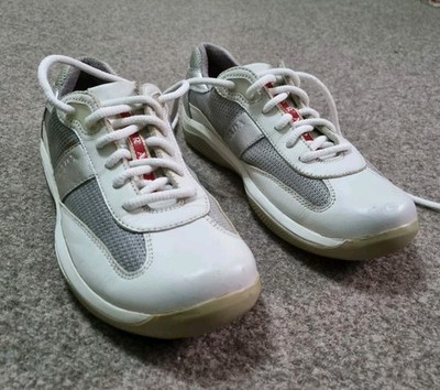 Prada Women Shoes America s Cup Sneakers White Silver Mesh Linea Rossa Size 6 Us