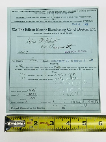 1907 Ricevuta della Edison Electric Illuminating Company Boston MA - Foto 3 di 3