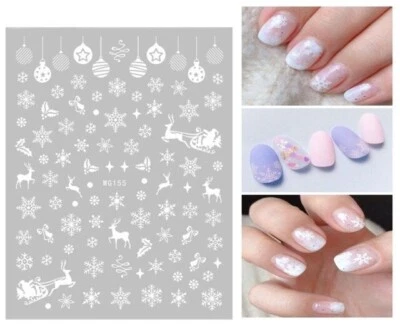 Christmas Nail Art Stickers Decals White Snowflakes Stars Reindeers Baubles W155