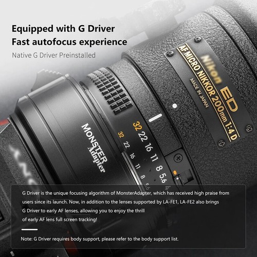 Monster LA-FE2 adattatore obiettivo messa a fuoco automatica per obiettivo Nikon F a fotocamere Sony con attacco elettronico - Foto 8 di 9