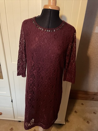 ESPRIT Ladies Dark Purple Lace Cotton Blend 3/4 Sleeve Lined Short Dress Size 10