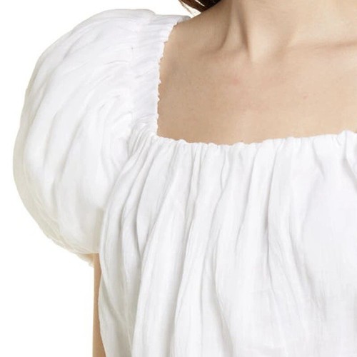 Frame Ruched Crop Puff Sleeve Blouse in Blanc Size Medium - Picture 4 of 10