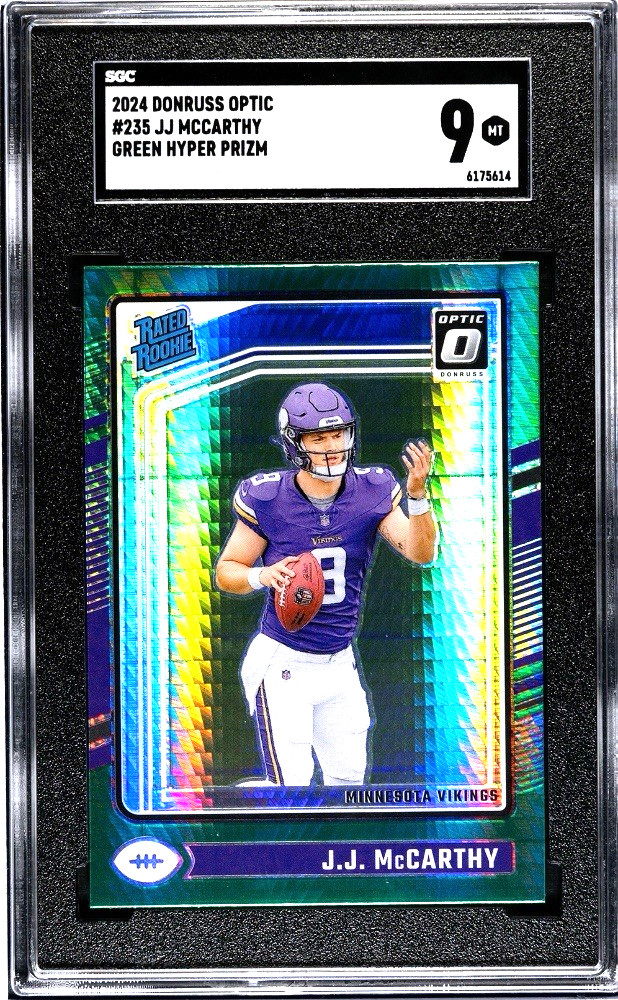 JJ McCarthy 2024 Donruss Optic #235 Green Hyper Prizm Rookie Card SGC 9 MT