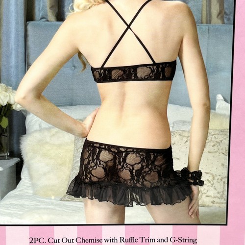 Leg Avenue BLACK 2-pc CHEMISE & G-String Panty 86389 Lacy Ruffle Sexy Lingerie - Picture 5 of 6