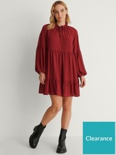 NA-KD Women Tie Neck Mini Dress Burgundy Size 12 Long Sleeve Tiered New Free P&P