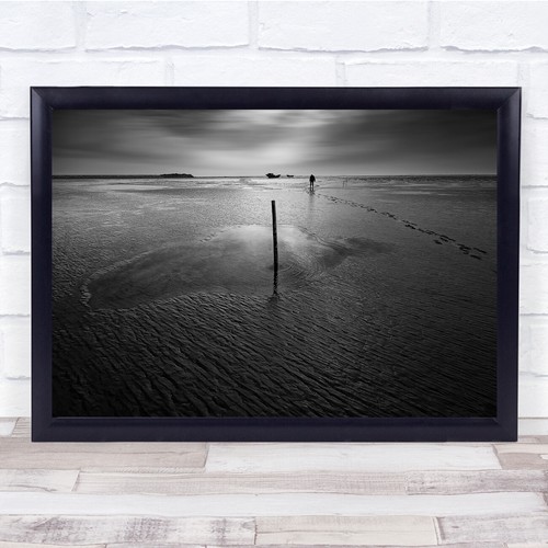 Black & White Water Ocean Beach Pole Sky Landscape Wall Art Print - Picture 1 of 3