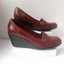 Naturalizer Brown Leather Moc Toe Wedge Heel Slip On Loafers 11918200 Wn US 9N