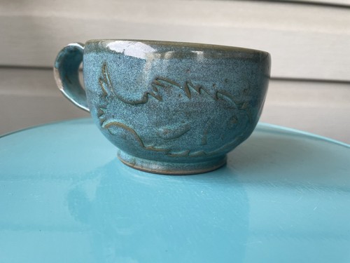 Blue Fish Moon Quirky Textured Studio Art Pottery Teacup Cup Mug-Signed