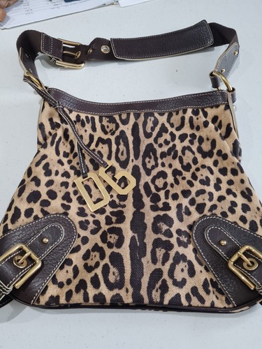 Dolce & Gabbana Brown Leather And Canvas Leopard Print Handbag Gold Hardwear - Picture 2 of 14