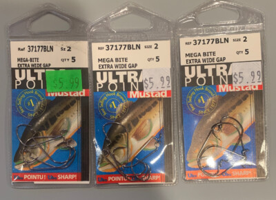 3 Packs Mustad Mega-Bite Extra Wide Gap Worm Hooks Size 2