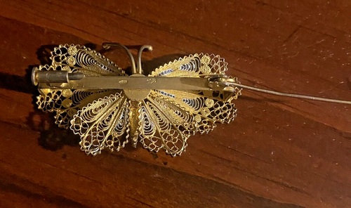 PIN/BROCHE MARIPOSA FILIGRANA CHAPADA EN ORO .800 ITALIANO DE COLECCIÓN AÑOS 40 - Imagen 3 de 7