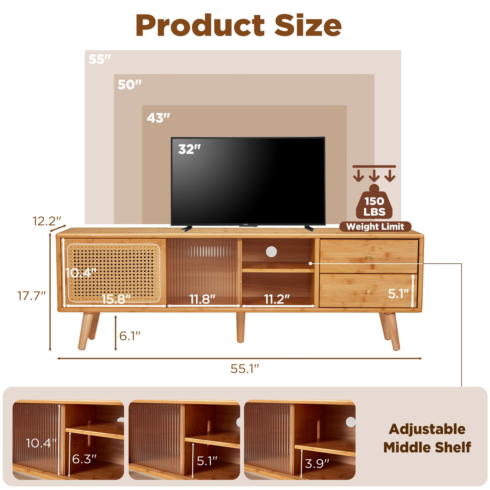 Danrelax Mid-Century Modern TV Stand, 55 Inch Rattan Media Console