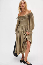 Free People Toledo Midi Dress Off The Shoulder Smocked Embroidered Green Tie S