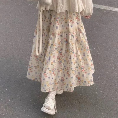 Vintage Floral Print A-line Pleated Long Skirts Korean Casual Women's Skirts for
