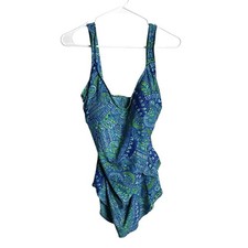 Vintage Maxine of Hollywood One Piece Swimsuit Womens 12 Blue Paisley Skirt