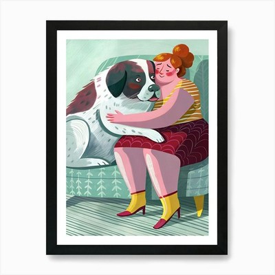 Großer Hund umarmt rothaarige Frau auf gerahmtem Wandbild Poster Leinwanddruck Bild