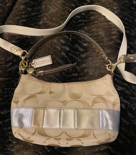COACH F-19201 SIGNATURE MULTI METALLIC STRIPE COVERTIBLE DEMI HOBO CROSSBODY BAG