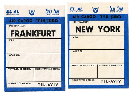 EL AL Israel airline Frankfurt & New York cargo destination labels