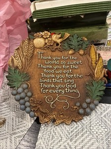 Vintage Multi Products Faux Wood w Grapes Wheat Corn Acorns & Cute Bird