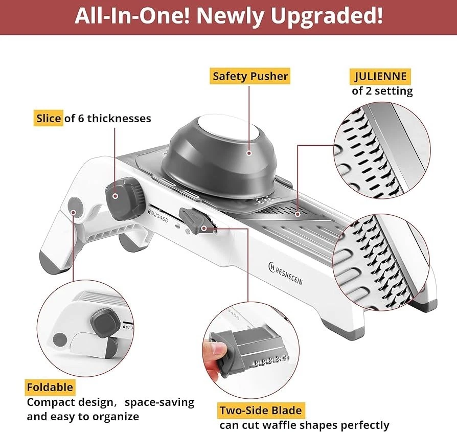 Adjustable Mandoline Slicer - Ultra-Sharp Stainless Steel Blades, Safe Hand Guar