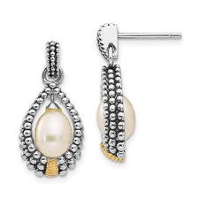 Sterling Silver 14K Gold Accent Antiqued 7x5mm Cultured Pearl Stud Earrings