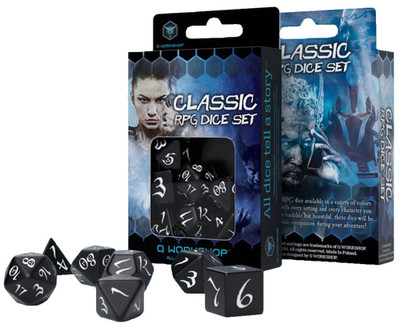 Q-Workshop Classic Polyhedral Black with White 7 Dice Set rpg game elven SCLE05