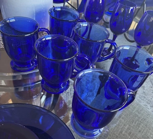 6 Vintage Anchor Hocking Cobalt Blue Glass 5" Footed Pedestal Coffee Mug 16oz
