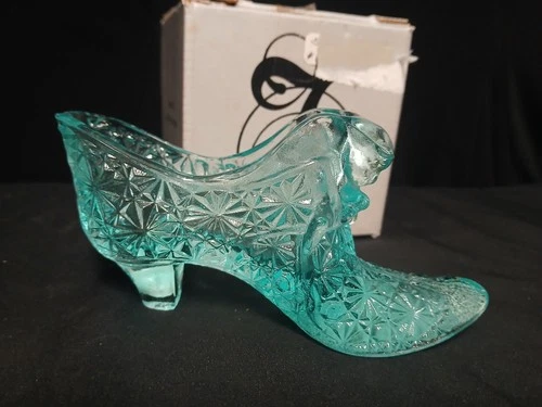Fenton Handmade Turquoise Glass Shoe Figurine Geometric Pattern with Box
