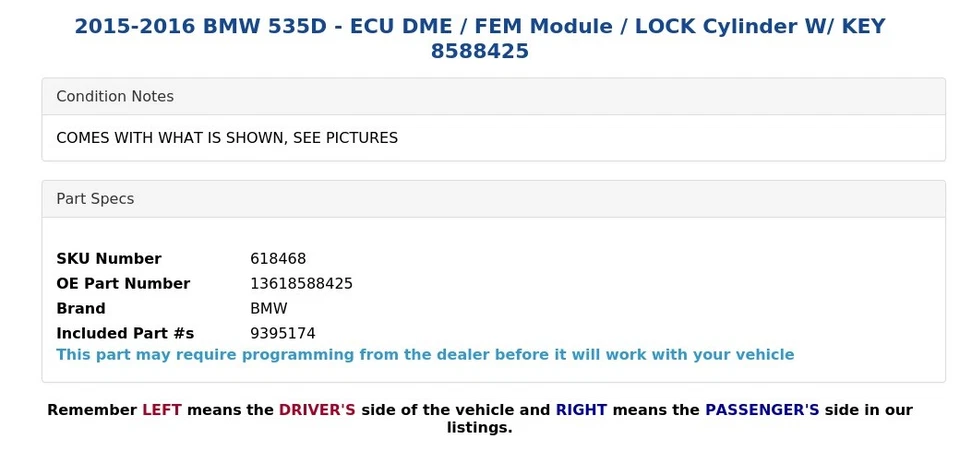 BMW 535D 2015-2016 - ECU DME / módulo FEM / cilindro de bloqueo con llave 8588425 Foto 4 de 4