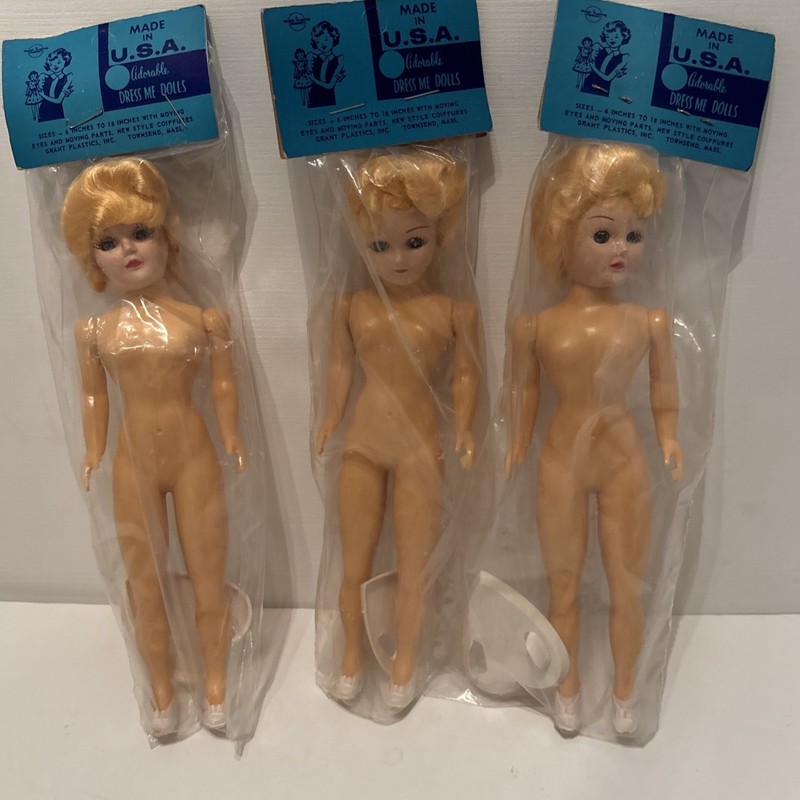 3 Vtg Grant Plastic Dress Me Dolls Blond hair Blue  Blinking Eye 8” Hard Plastic