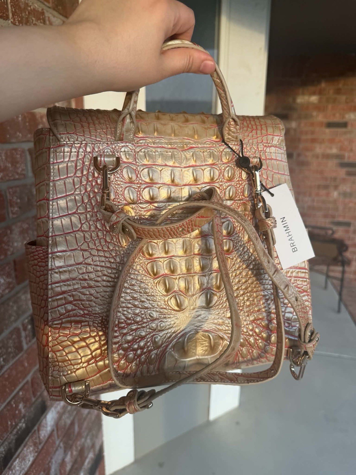 NWT $325 Brahmin Liz Sunkiss Melbourne Croc Embossed Leather BackPack red beige image 2