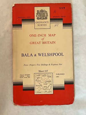 OS Ordnance Survey One Inch Paper Map, Bala & Welshpool, Sheet 117, 1963