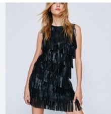 Nasty Gal faux leather fringed mini Black Dress.  NWT, Size 0 Super Fun Dress!