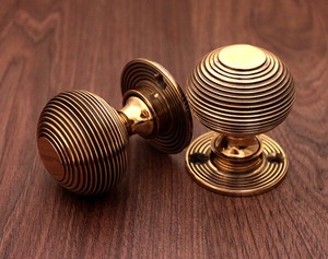 Antique-Beehive-Style-Solid-Brass-Mortice-Door-Knob-Set-Aged-Brass-Finish-50mm