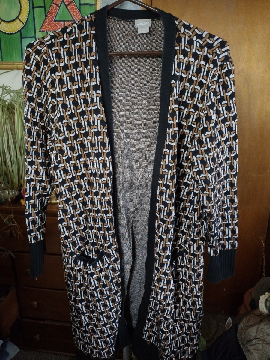 Chico's Women's Sweater Open Cardigan Chain Design Black White