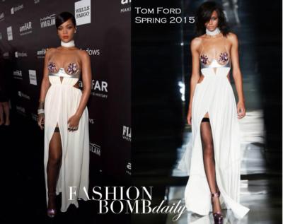 Tom Ford Rihanna Abendkleid Amfar Feder 2015 Langes Kleid Offener Rücken Trikot